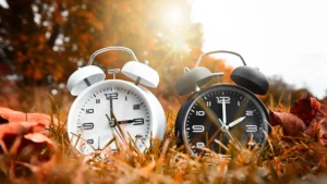fotomontage-weisser-und-schwarzer-wecker-mit-herbstblaettern-symbolfoto-zeitumstellung-auf-winterzeit-fotomontage-white-and-black-alarm-clock-with-autumn-leaves-symbolic-photo-time-change-to-winter-time